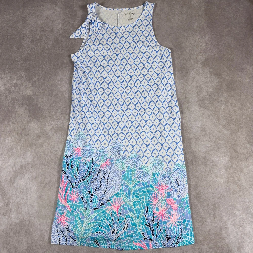 Lilly Pulitzer Pima Cotton Shift Dress Coral Mosaic Blue White Size S Sleeveless